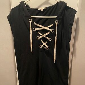 Iris Black Sleeveless Hoodie with Tie Front